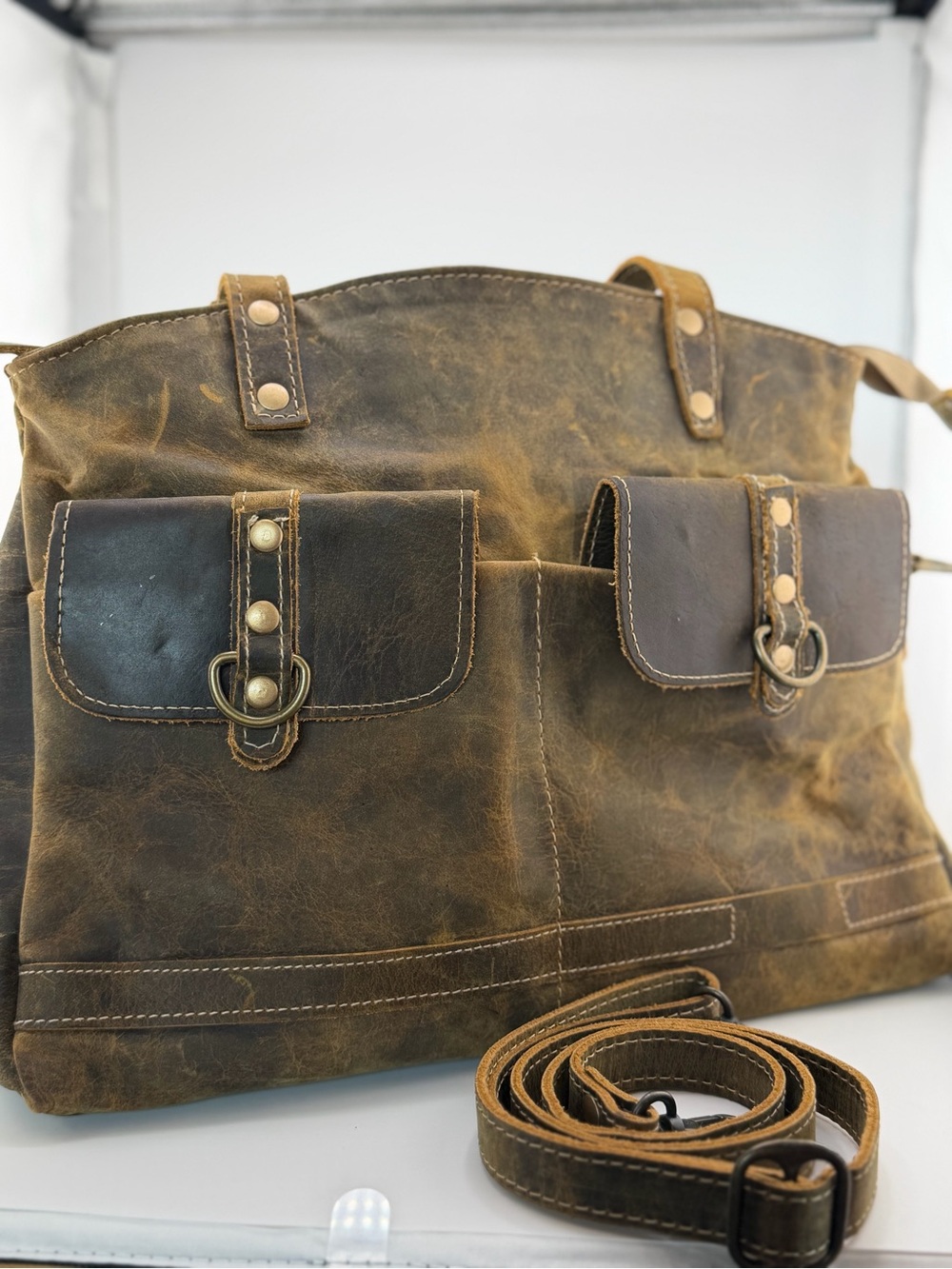 Myra Bag Brown Vintage Leather Tote Bag with Removable Strap - Picture 2 of 16